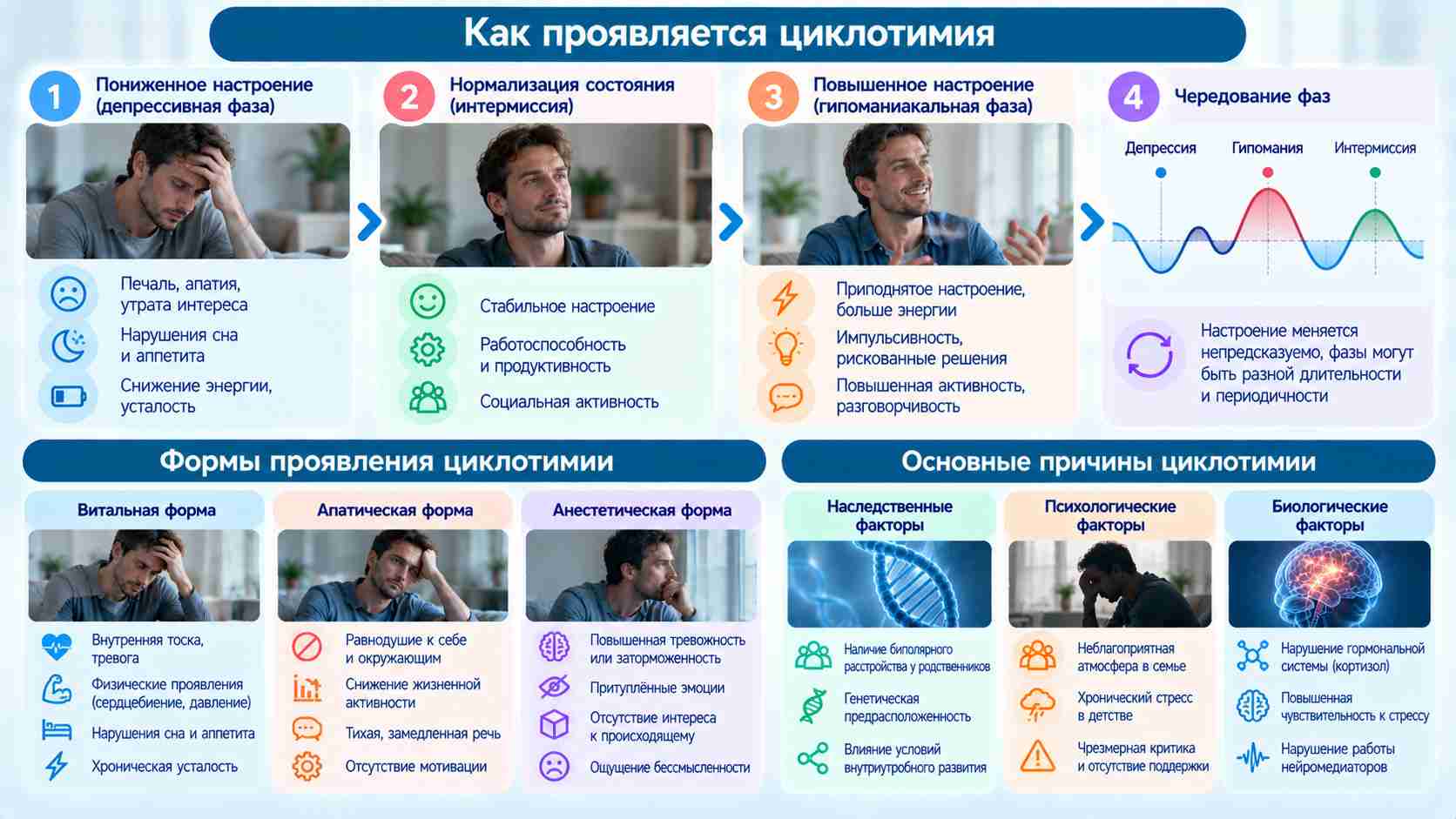 Циклотимия — симптомы, фазы изменения настроения, формы и причины заболевания. Инфографика о циклотимии: чередование депрессивных и гипоманиакальных фаз, периоды стабильного настроения, формы проявления и причины расстройства.